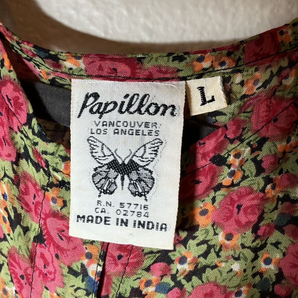 VINTAGE Papillon Maxi Flowy Dress Women's LARGE Black Multicolor Floral 54'' - Picture 3 of 8